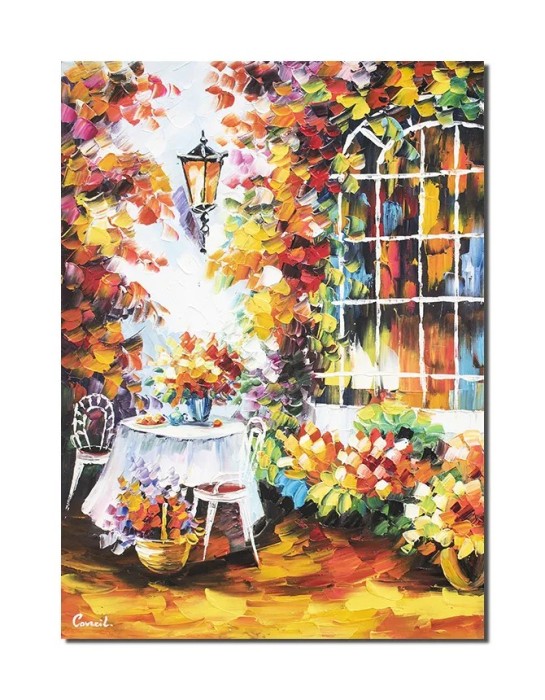 Tablou pictat manual, In gradina la masa noastra, 70x50cm ulei pe panza in cutit efect 3D