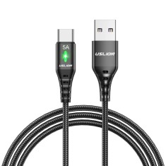 Cablu flexibil incarcare 5A Type C LED, Uslion, transfer date si incarcare rapida telefon, 1m, USB C, Quick Charge 3.0, negru