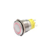 Buton push iluminat cu mentinere, 5A 12V DC, 19mm, IP67, metalic, inel LED rosu, 5 pini, FLM19-FJ-1-EX000-N11Z5-RED
