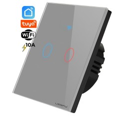 Intrerupator inteligent cu touch, rama sticla, Wifi, Tuya, Smart Life, 2 canale, 10A, Gri