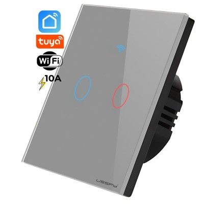 Intrerupator inteligent cu touch, rama sticla, Wifi, Tuya, Smart Life, 2 canale, 10A, Gri foto