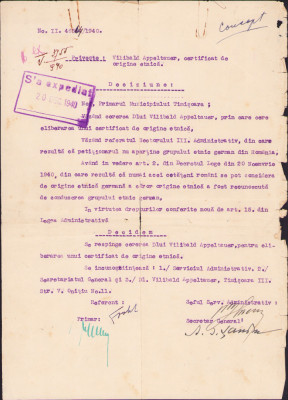 HST A1323 Certificat de origine etnie germană refuzat 1940 Timișoara foto