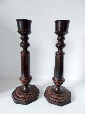 Set 2 sfesnice / suport lumanare mari, metal neferos patina cupru, 37cm inaltime foto