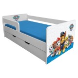 Pat pentru copii Dogs Blue cu sertar, protectii laterale detasabile reversibile, Pal melaminat, margini rotunjite, 2-8 ani, 144x76x45 cm, alb albastru