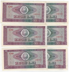 Lot 6 bancnote Romania -10 lei 1966-serii consecutive