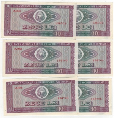 Lot 6 bancnote Romania -10 lei 1966-serii consecutive foto