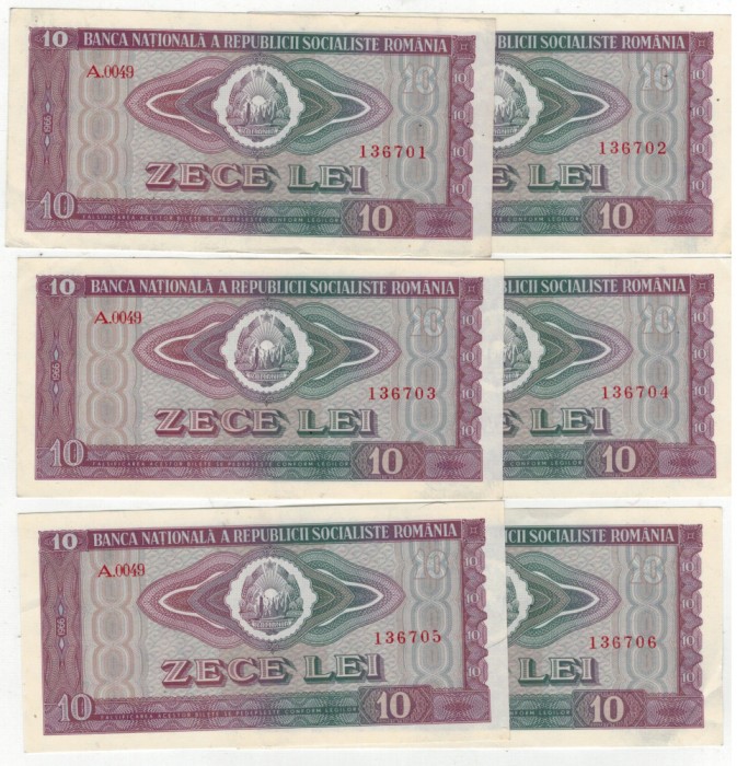 Lot 6 bancnote Romania -10 lei 1966-serii consecutive
