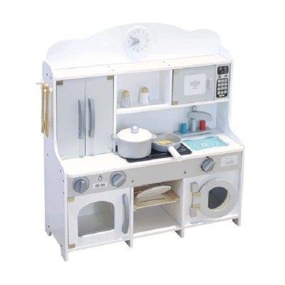 Bucatarie din lemn pentru copii cu masina de spalat, culoare alba, cu 12 accesorii, 64x69x23 cm foto