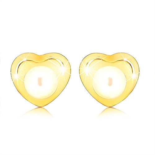 Cercei din aur galben 9K - inimă mică lucioasă, perlă rotundă
