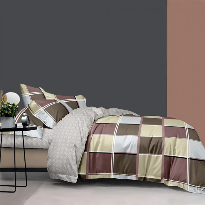 Lenjerie de pat pentru o persoana cu husa elastic pat si fata perna dreptunghiulara, Dalmar, bumbac mercerizat, multicolor