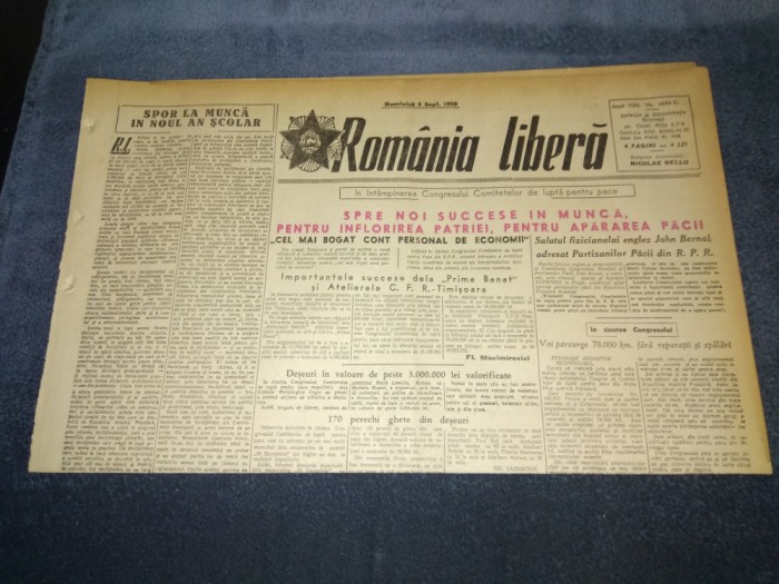 ZIARUL ROMANIA LIBERA 3 SEPTEMBRIE 1950