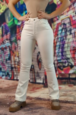 F912-2 Blugi evazati model skinny cu talie inalta din denim usor elastic foto