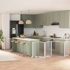 vidaXL Poartă c&acirc;ini pliabilă cu ușă, 6 panouri, alb, 480 cm, lemn plop 3155621