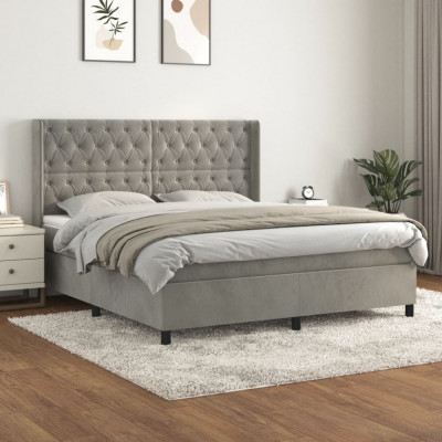 vidaXL Pat box spring cu saltea, gri deschis, 160x200 cm, catifea foto