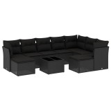 Cumpara ieftin Set canapele de gradina cu perne, 10 piese, negru, poliratan