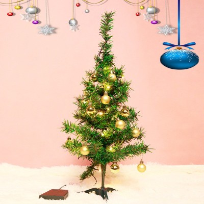 Brad Artificial Impodobit, 60 cm, suport plastic, cu instalatie luminoasa 20 LED alb cald + 20 globuri aurii incluse, Flippy foto