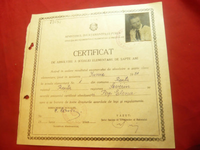 Diploma- Absolvire a Scolii Elem. 1Resita 1951 semnat Dir.Coriolan Cocora foto