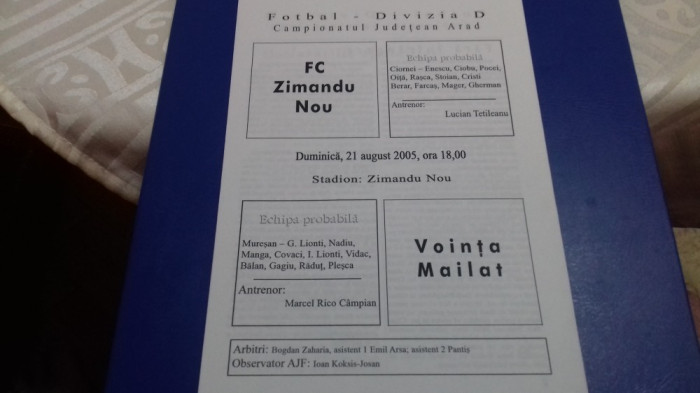 program FC Zimandu Nou - Vointa Mailat