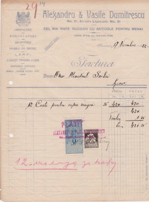 Factura Alexandru &amp;amp; Vasile Dumitrescu Articole pentru Menaj BUCURESTI 1922 foto