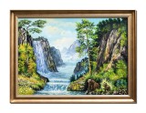 Tablou peisaj montan cu ursi la cascada pictat manual inramat, 80x60cm ulei pe panza, Stefan Bilibou, rama din lemn, certificat de autenticitate