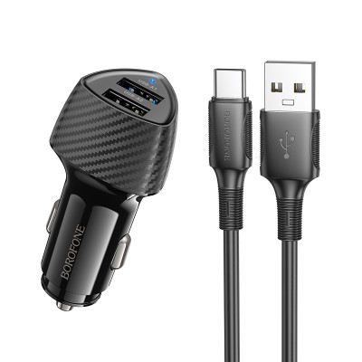 INCARCATOR auto Borofone &amp;quot;BZ31A &amp;quot;, pt. bricheta auto, 2 x USB 5V/2.4A, include cablu USB la USB Type-C de 1m, negru &amp;quot;6941991112591&amp;quot; (timbru verde 0.18 foto