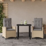 Set masa gradina vidaXL, 3 piese, poliratan bej, cu perne gri deschis, scaune rabatabile, 80x80x74 cm