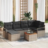 Set de canapele de grădină cu 7 piese și perne, gri, din rattan poly și acacia