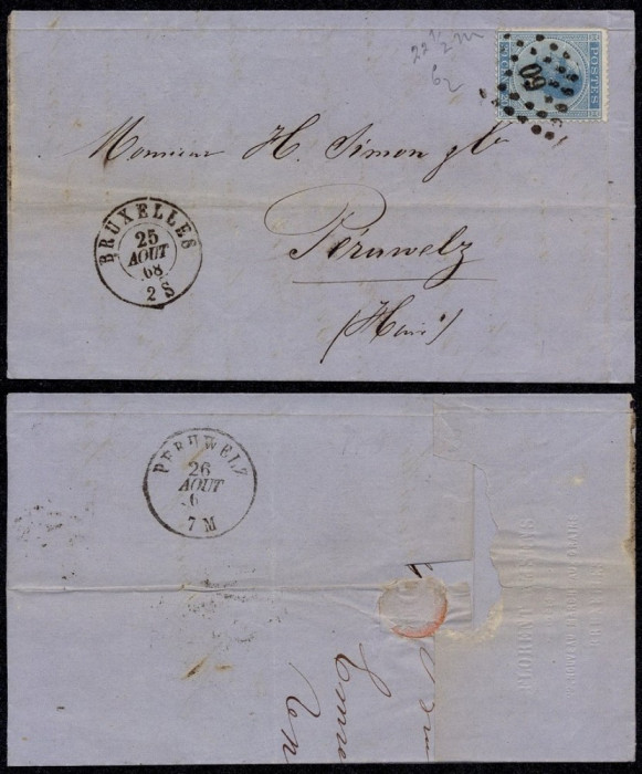 Belgium 1868 Postal History Rare Cover + Content Bruxelles to Peruwelz DB.095