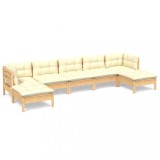 Set mobilier gradina cu perne crem, 7 piese, lemn masiv pin