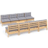 Set mobilier de gradina cu perne gri, 9 piese, lemn masiv pin