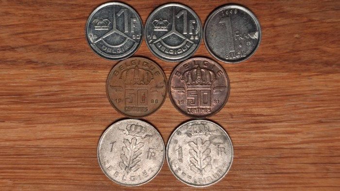 Belgia - colectie 7 monede diferite - 2 x 50 centimes + 5 x 1 franc - superbe !