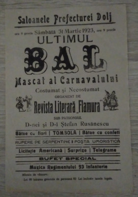 Afiș ULTIMUL BAL MASCAT AL CARNAVALULUI - 1923 foto