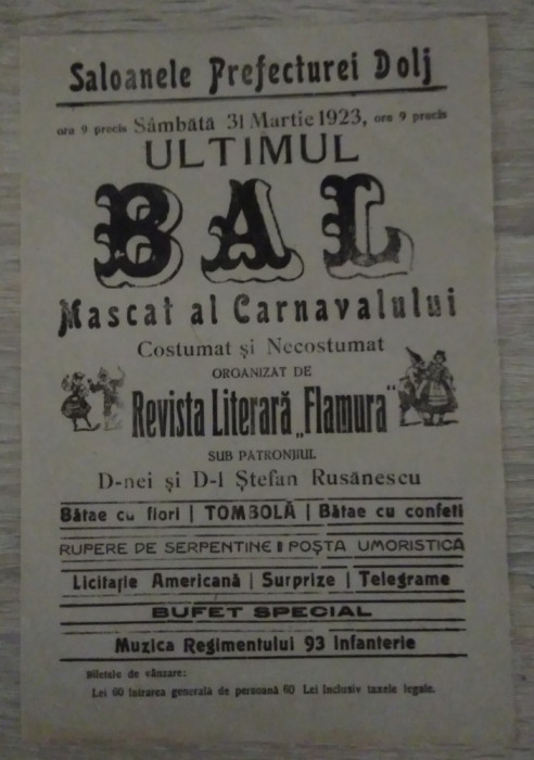 Afiș ULTIMUL BAL MASCAT AL CARNAVALULUI - 1923