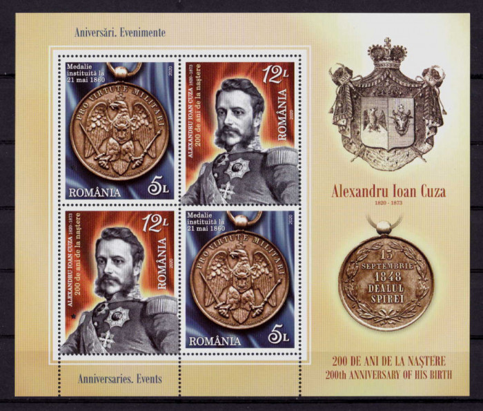 RO 2020,LP 2278 a,bloc 829 TII , &quot;200 ani A.I.Cuza&quot; MNH ,tiraj 2.050/nom.34 Lei