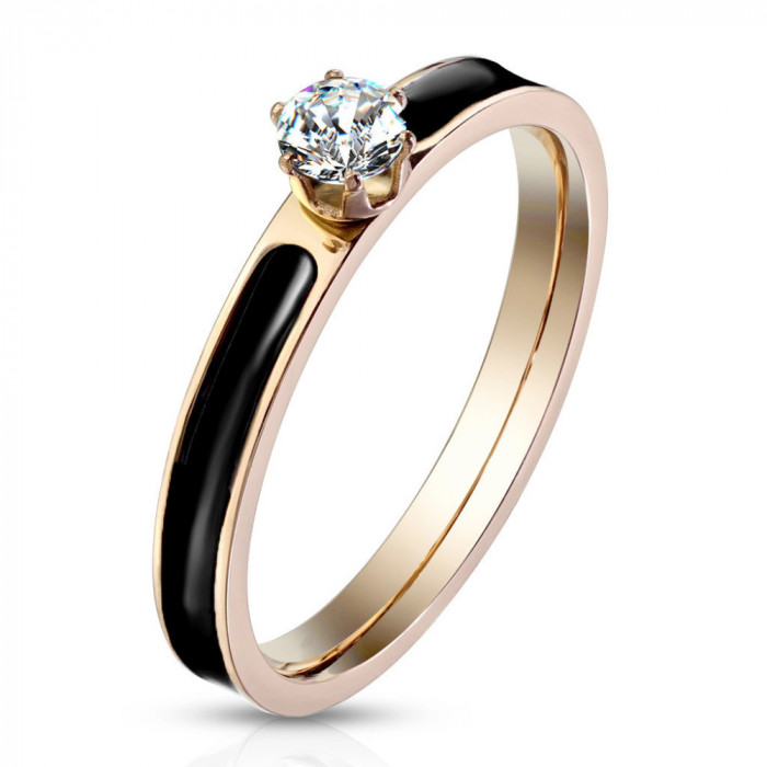 Inel din oțel cu o bandă cu smalț negru - zirconiu rotund strălucitor, 3 mm - Marime inel: 57