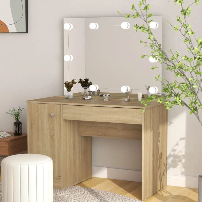Masă de machiaj cu lumini LED, stejar, 110x55x145 cm, MDF