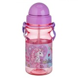 Sticlă de Apă Copii, Model Unicorn, Roz Transparent, Capac Lila, Capacitate 0,35L