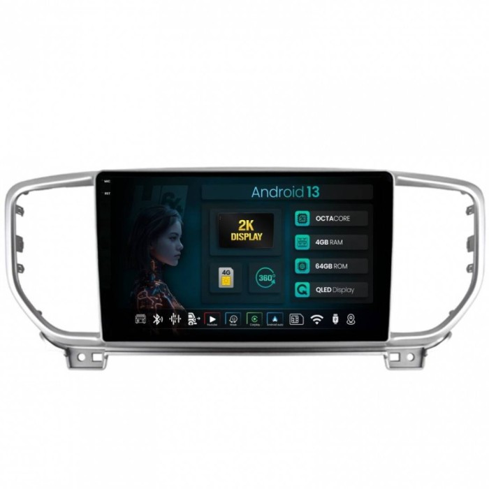 Navigatie 2K Kia Sportage (2016-2018) 4GB RAM Android 13 Octacore Slot Sim 4G DSP GPS Wi-FI Carplay Android Auto USB Bluetooth Waze Touchscreen 9.5 In