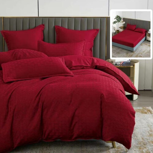 Lenjerie de pat natur uni stripe 6 piese cu husa (rosu)