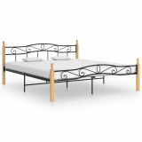 Cadru de pat, negru, 200x200 cm, metal și lemn masiv de stejar, Cires, Dublu, Cu polite semirotunde, vidaXL