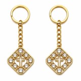 Cumpara ieftin Set 2 brelocuri aurii 9,3 cm cu pandantiv cruce 2,7 x 2,7 cm, pietre artificiale, lant 3,2 cm, inel 2,8 cm, port chei si cadou religios