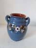 Vas ceramic ulcica de lut cu 2 toarte, glazura albastra, decor cu flori, facut manual, semnat, taranesc rustic, 16cm inaltime