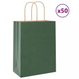 vidaXL Pungi H&acirc;rtie Verde cu M&acirc;nere, 21x11x28cm, 50 Bucăți, 10kg, Pungi Cadou, Pungi Cumpărături, Hartie Kraft