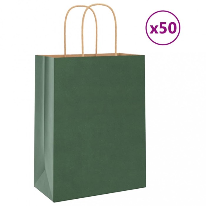 vidaXL Pungi de h&acirc;rtie 50 buc cu m&acirc;nere verde 21x11x28 cm 4101713