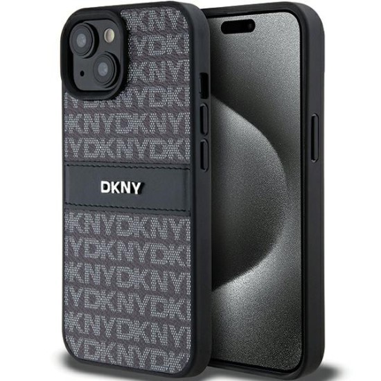 Husa iPhone 15 - DKNY Leather Mono Stripe &amp; Metal Logo (DKHCP15SPRTHSLK) - Black