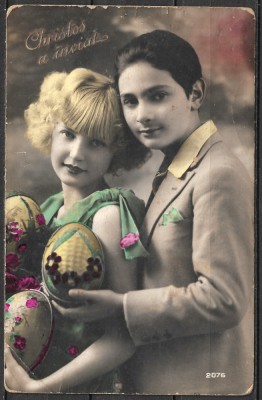 ROM&amp;Acirc;NIA 1910 - CARTE POȘTALĂ NECIRCULATĂ - FELICITARE DE PAȘTE - HRISTOS A &amp;Icirc;NVIAT - PORTRET BĂIAT ȘI FATĂ CU OUĂ &amp;Icirc;NCONDEIATE (C30) foto