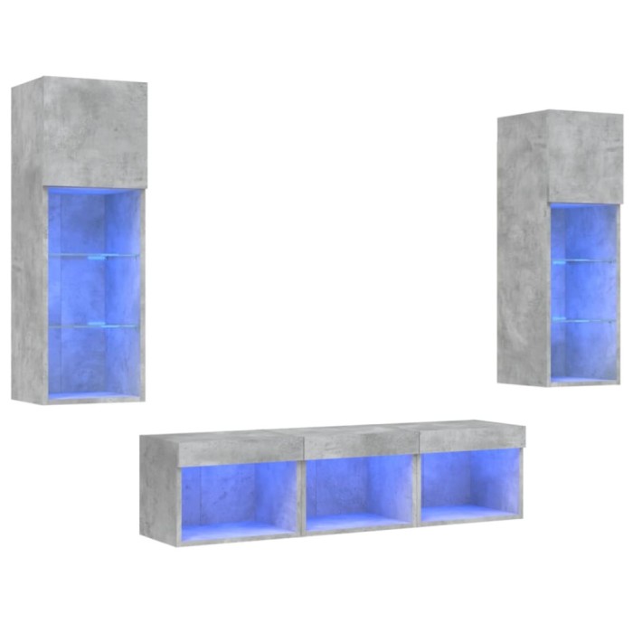 Unitati TV de perete cu LED-uri 5 piese gri beton lemn compozit