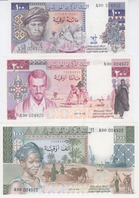 Bancnota Mauritania 100, 200 si 1.000 Ouguiya 1975-77 ( neemise; aceeasi serie - vezi descriere ) foto