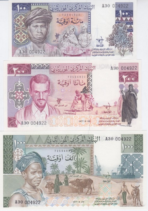 Bancnota Mauritania 100, 200 si 1.000 Ouguiya 1975-77 ( neemise; aceeasi serie - vezi descriere )
