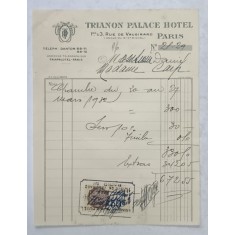 16.CHITANTA ELIBERATA FAMILIILOR DOCTORULUI CONSTANTIN DANIEL SI ANTON CARP , DE HOTELUL &#039; TRIANON PALACE &#039; DIN PARIS , 1932